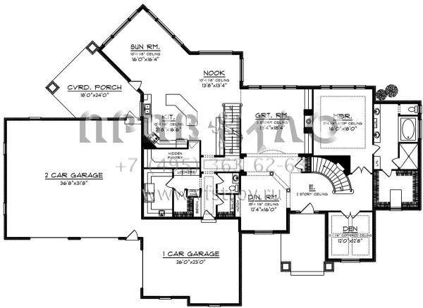 Проект двухэтажного дома с гаражом на три и более машин в стиле Ранчо S5-422 (1020-00085)