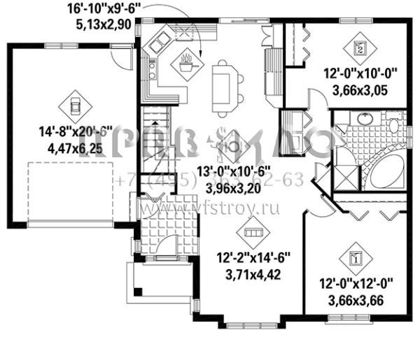 Проект одноэтажного дома с гаражом на одну машину в стиле Ранчо S5-106 (6146-00251)