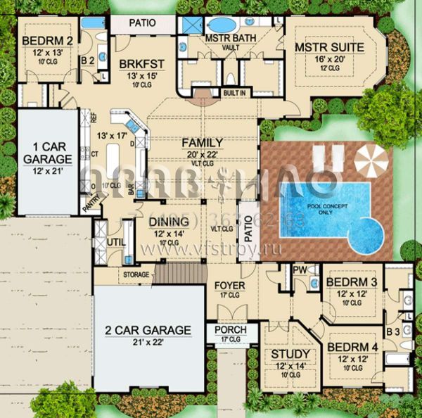 Проект одноэтажного дома с гаражом на три и более машин в стиле Ранчо S5-327 (5445-00103)