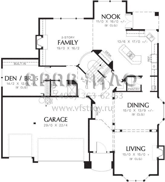 Проект двухэтажного дома с гаражом на три и более машин в стиле Ранчо S5-335 (2559-00513)