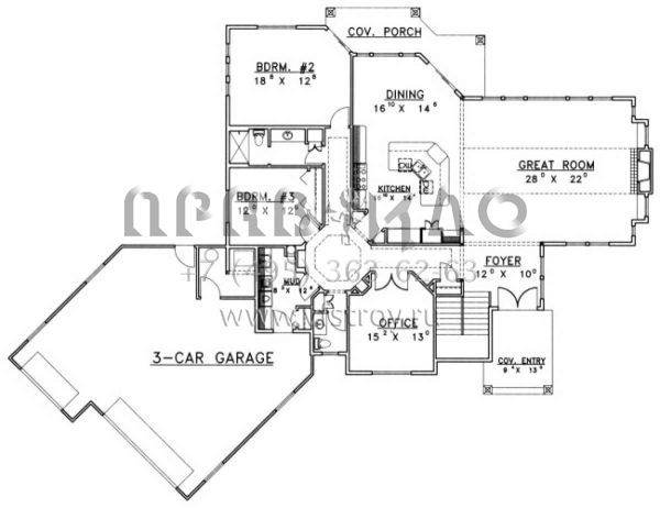 Проект двухэтажного дома с гаражом на три и более машин в стиле Ранчо S5-360 (039-00479)