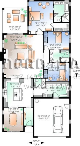 Проект одноэтажного дома с гаражом на одну машину в современном стиле S5-197 (034-00676)