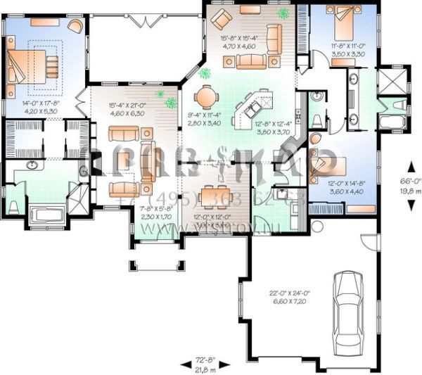 Проект одноэтажного дома с гаражом на две машины в стиле Ранчо S5-232 (034-00204)