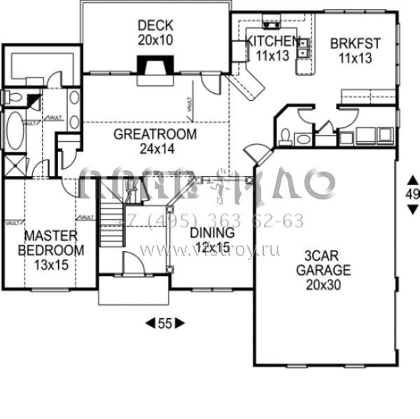 Проект двухэтажного дома с гаражом на три и более машин в стиле Ранчо S5-179 (036-00066)