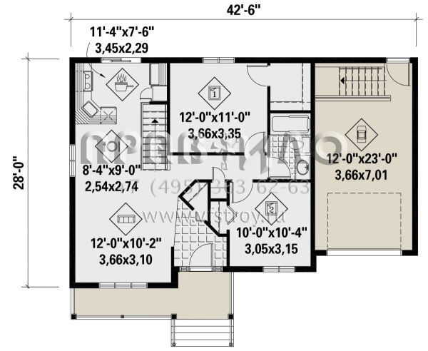 Проект одноэтажного дома с гаражом на одну машину в стиле Ранчо S5-75 (6146-00458)