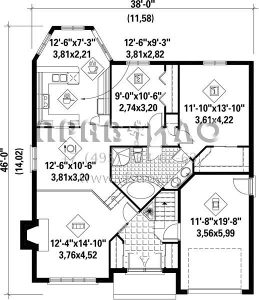 Проект одноэтажного дома с гаражом на одну машину в стиле Ранчо S5-117 (6146-00101)