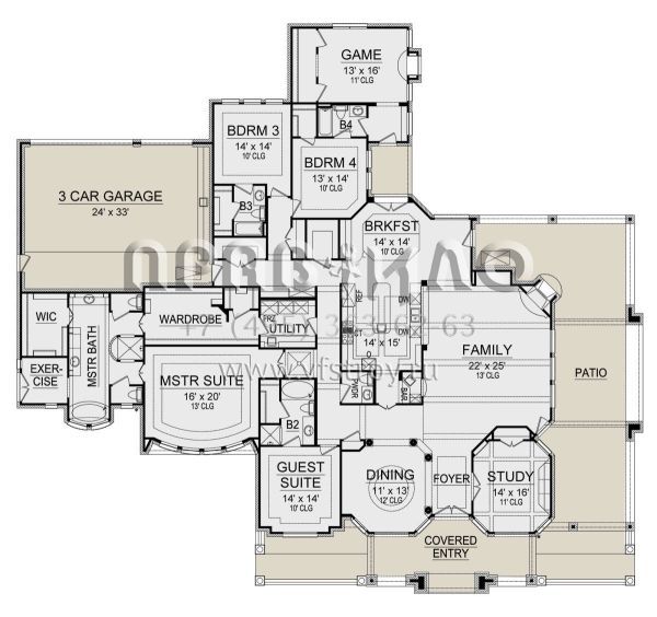 Проект одноэтажного дома с гаражом на три и более машин в стиле Ранчо S5-454 (5445-00403)