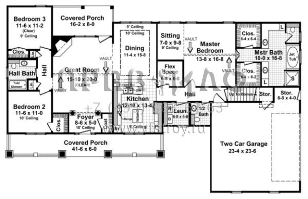 Проект двухэтажного дома с гаражом на две машины в стиле Ранчо S5-187 (348-00109)