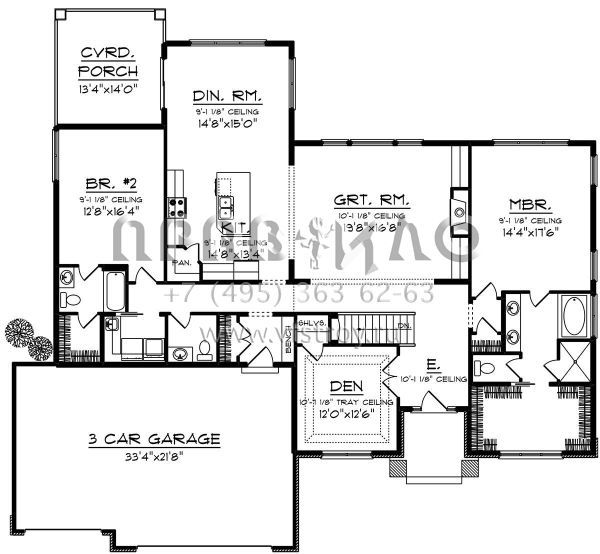 Проект одноэтажного дома с гаражом на три и более машин в стиле Ранчо S5-215 (1020-00034)