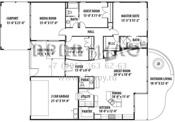 Проект одноэтажного дома с гаражом на три и более машин в стиле Ранчо S5-200 (9488-00019)