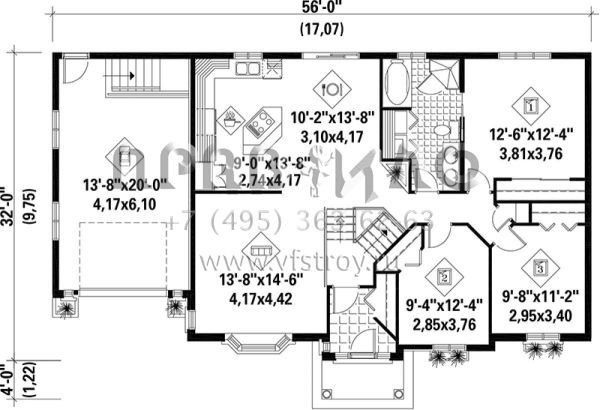Проект одноэтажного дома с гаражом на одну машину в стиле Ранчо S5-119 (6146-00153)