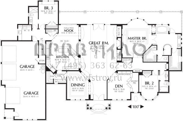 Проект двухэтажного дома с гаражом на три и более машин в стиле Ранчо S5-340 (2559-00533)