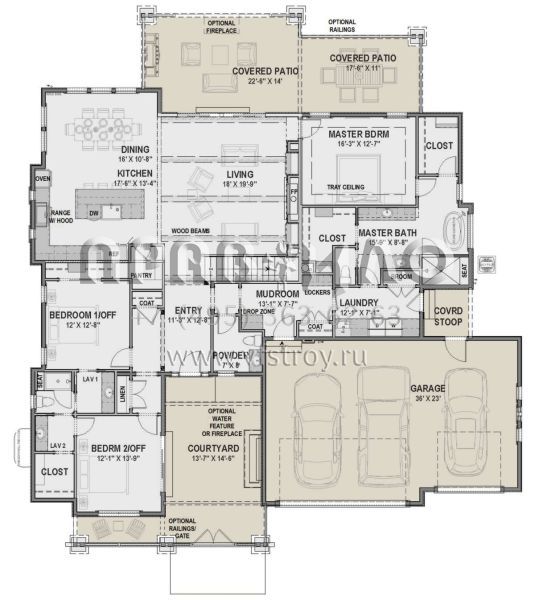 Проект одноэтажного дома с гаражом на три и более машин в американском стиле S5-231 (425-00031)