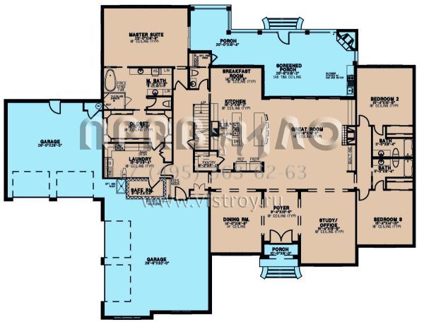 Проект двухэтажного дома с гаражом на три и более машин в стиле Ранчо S5-463 (8318-00230)