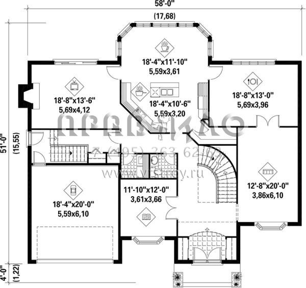 Проект двухэтажного дома с гаражом на две машины в стиле Ранчо S5-404 (6146-00197)
