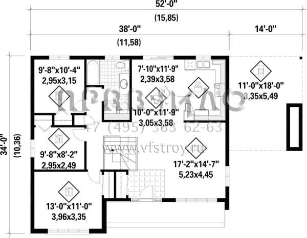 Проект одноэтажного дома с гаражом на одну машину в стиле Ранчо S5-107 (6146-00059)