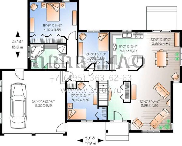 Проект одноэтажного дома с гаражом на две машины в стиле Ранчо S5-139 (034-00298)