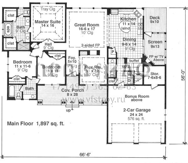 Проект одноэтажного дома с гаражом на две машины в стиле Ранчо S5-176 (098-00266)
