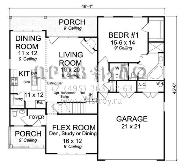 Проект двухэтажного дома с гаражом на две машины в стиле Ранчо S5-182 (4848-00311)