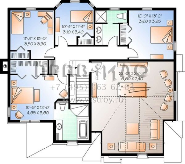 Проект двухэтажного дома с гаражом на две машины в стиле Ранчо S5-252 (034-00989)