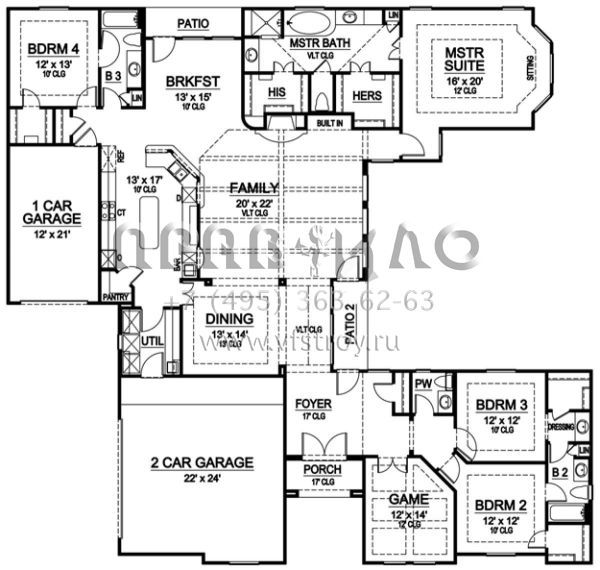 Проект одноэтажного дома с гаражом на три и более машин в американском стиле S5-303 (5445-00077)
