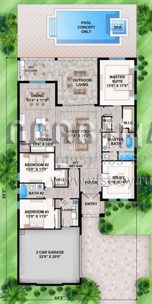 Проект одноэтажного дома с гаражом на две машины в прибрежном стиле S5-207 (207-00092)