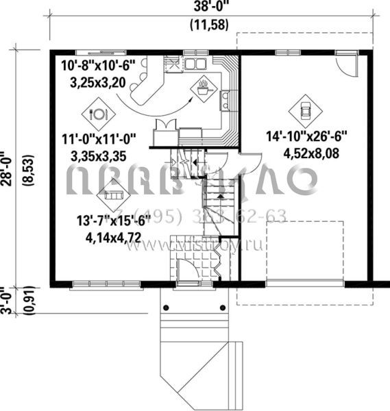 Проект двухэтажного дома с гаражом на одну машину в американском стиле S5-107 (6146-00081)