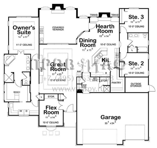 Проект одноэтажного дома с гаражом на три и более машин в английском стиле S5-232 (402-01445)