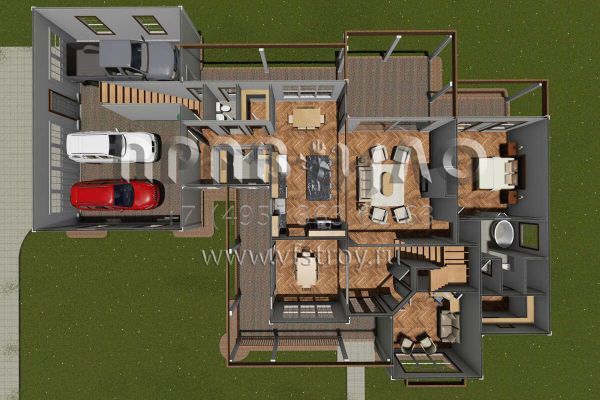 Проект двухэтажного дома с гаражом на три и более машин в стиле Ранчо S5-235 (4848-00388)
