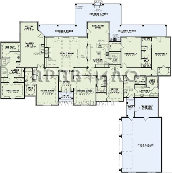 Проект одноэтажного дома с гаражом на три и более машин в стиле Ранчо S5-447 (110-00836)
