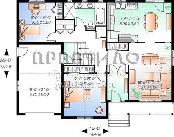 Проект одноэтажного дома с гаражом на одну машину в стиле Ранчо S5-122 (034-00210)