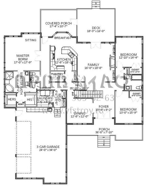 Проект двухэтажного дома с гаражом на три и более машин в стиле Ранчо S5-320 (6849-00013)
