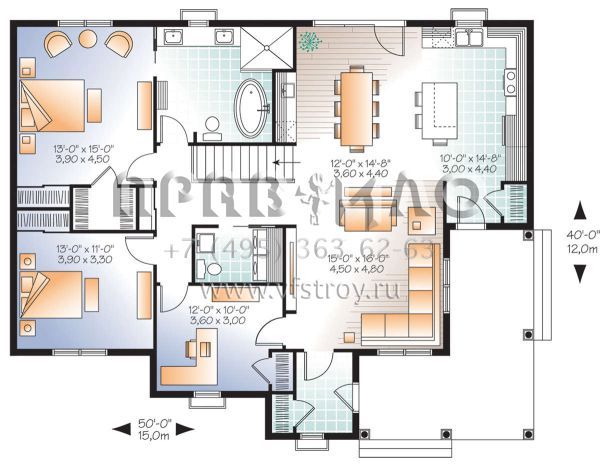 Проект одноэтажного дома без гаража в стиле Ранчо S5-150 (034-01158)