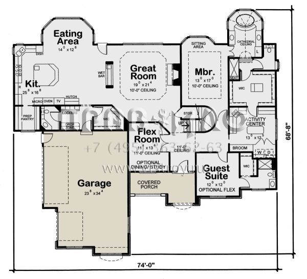 Проект одноэтажного дома с гаражом на три и более машин в стиле Ранчо S5-245 (402-01694)