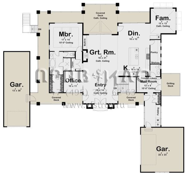 Проект одноэтажного дома с гаражом на три и более машин в стиле Ранчо S5-233 (963-00647)