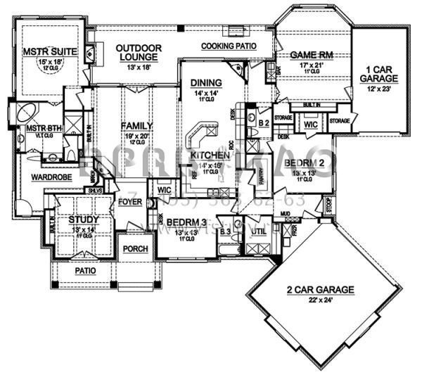 Проект одноэтажного дома с гаражом на три и более машин в стиле Ранчо S5-302 (5445-00274)