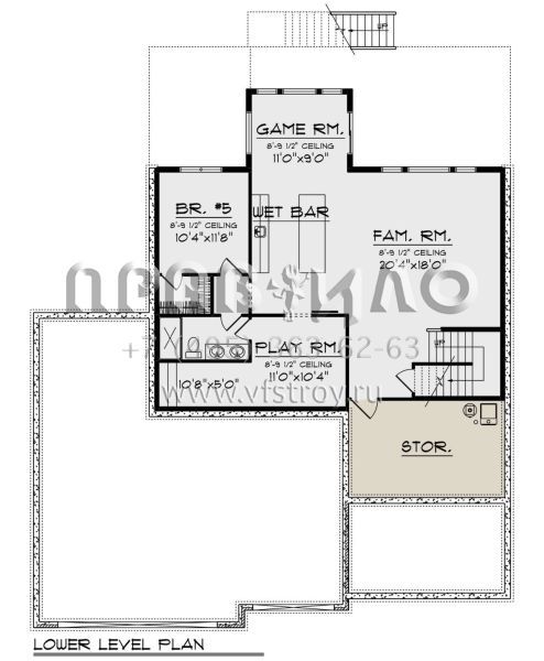 Проект двухэтажного дома с гаражом на три и более машин в стиле Ранчо S5-399 (1020-00345)