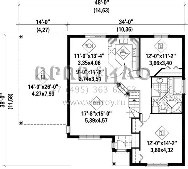 Проект одноэтажного дома с гаражом на одну машину в стиле Ранчо S5-109 (6146-00096)