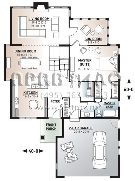 Проект двухэтажного дома с гаражом на две машины в стиле Ранчо S5-201 (034-01257)