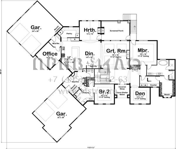 Проект одноэтажного дома с гаражом на три и более машин в английском стиле S5-305 (963-00295)