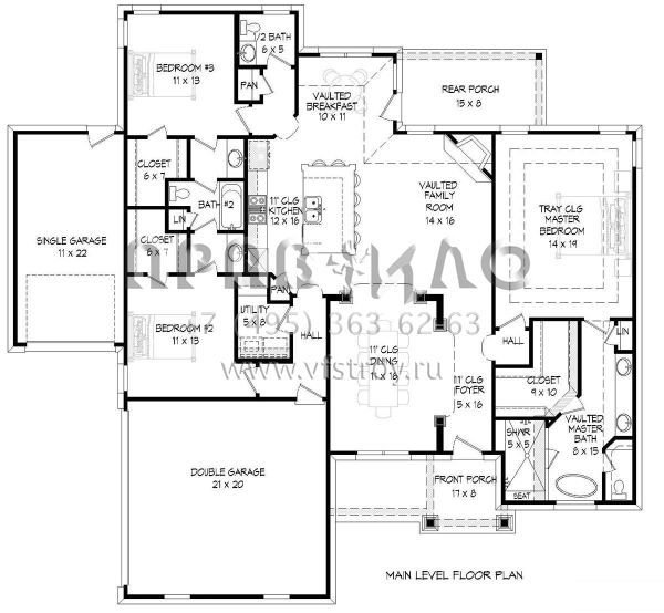 Проект одноэтажного дома с гаражом на три и более машин в стиле Ранчо S5-194 (940-00105)