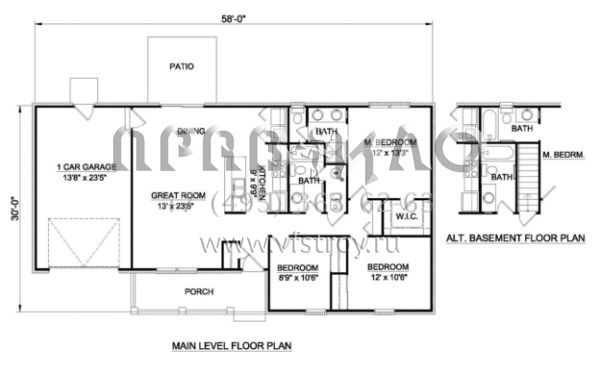 Проект одноэтажного дома с гаражом на одну машину в стиле Ранчо S5-111 (340-00017)