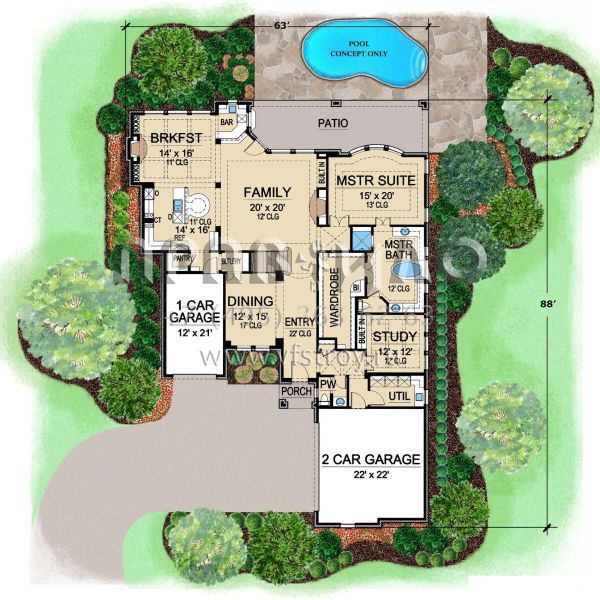 Проект одноэтажного дома с гаражом на три и более машин в стиле Ранчо S5-423 (5445-00445)