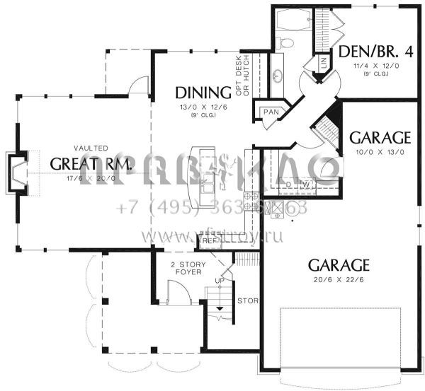 Проект двухэтажного дома с гаражом на три и более машин в стиле Ранчо S5-215 (2559-00344)