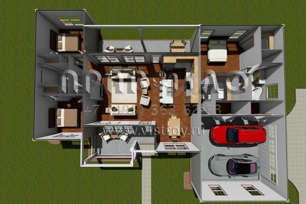 Проект одноэтажного дома с гаражом на две машины в стиле Ранчо S5-135 (4848-00022)