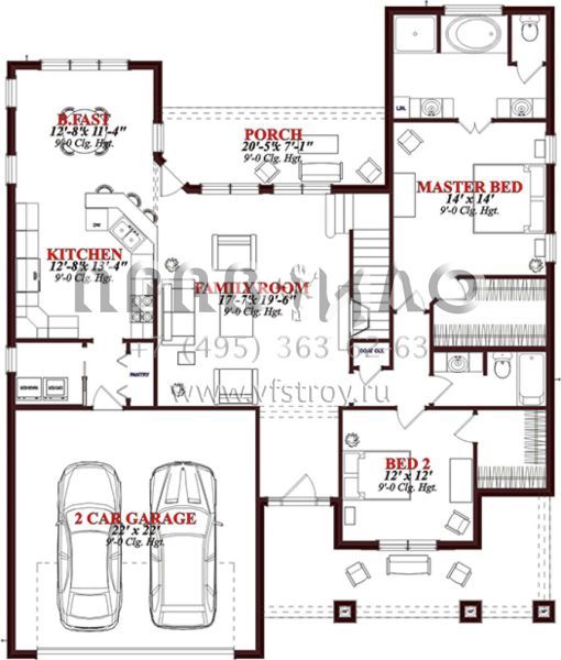 Проект двухэтажного дома с гаражом на две машины в стиле Ранчо S5-217 (1070-00223)
