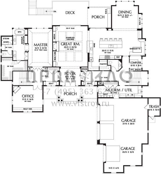 Проект одноэтажного дома с гаражом на три и более машин в американском стиле S5-579 (2559-00789)