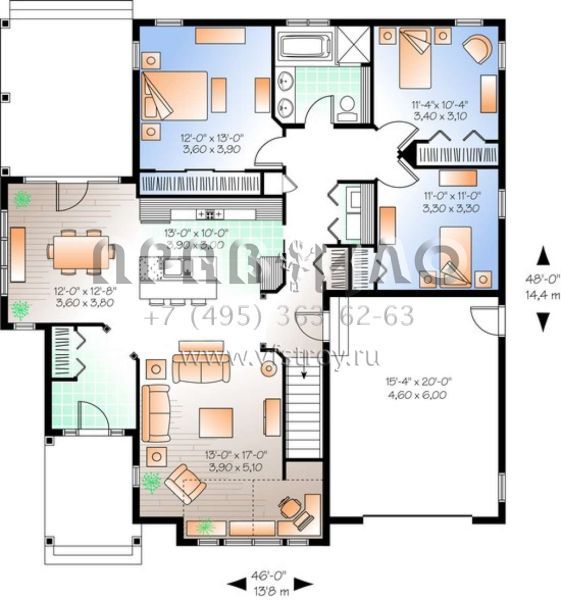 Проект одноэтажного дома с гаражом на одну машину в стиле Ранчо S5-140 (034-00973)