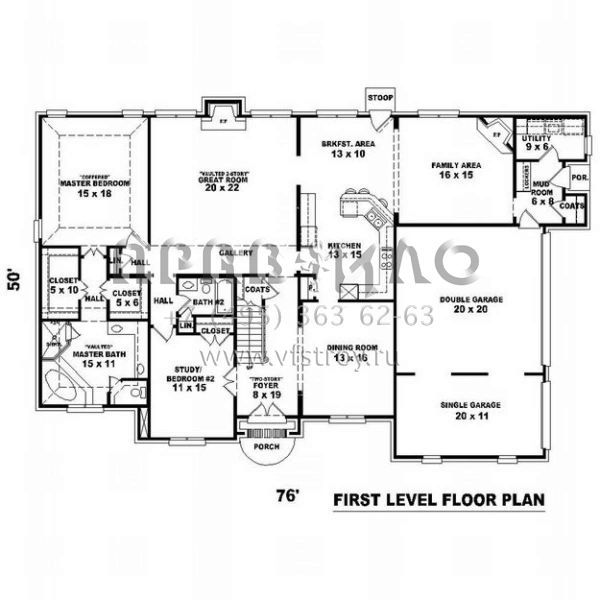 Проект двухэтажного дома с гаражом на три и более машин в стиле Ранчо S5-312 (053-01818)
