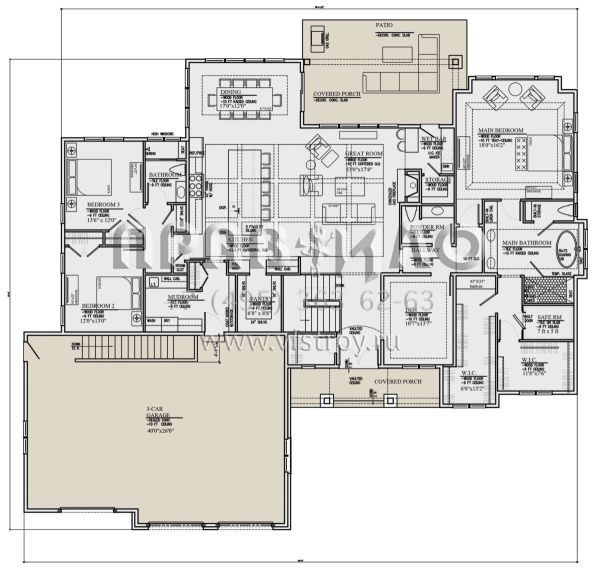 Проект одноэтажного дома с гаражом на три и более машин в американском стиле S5-280 (8080-00003)